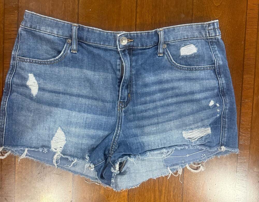 Aerie Distressed Denim Cutoff Shorts L Blue Wash Frayed Hem Festival Y2K